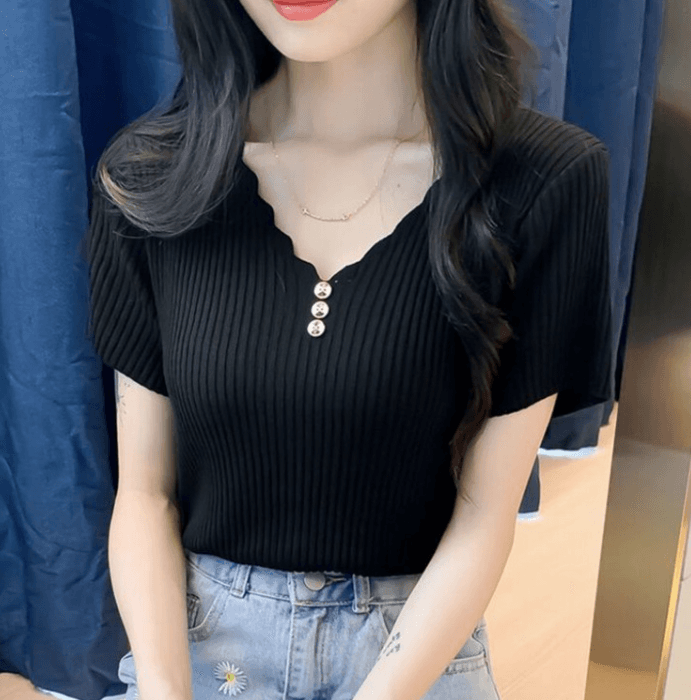 骨格ストレート半袖Vネックリブニットトップス