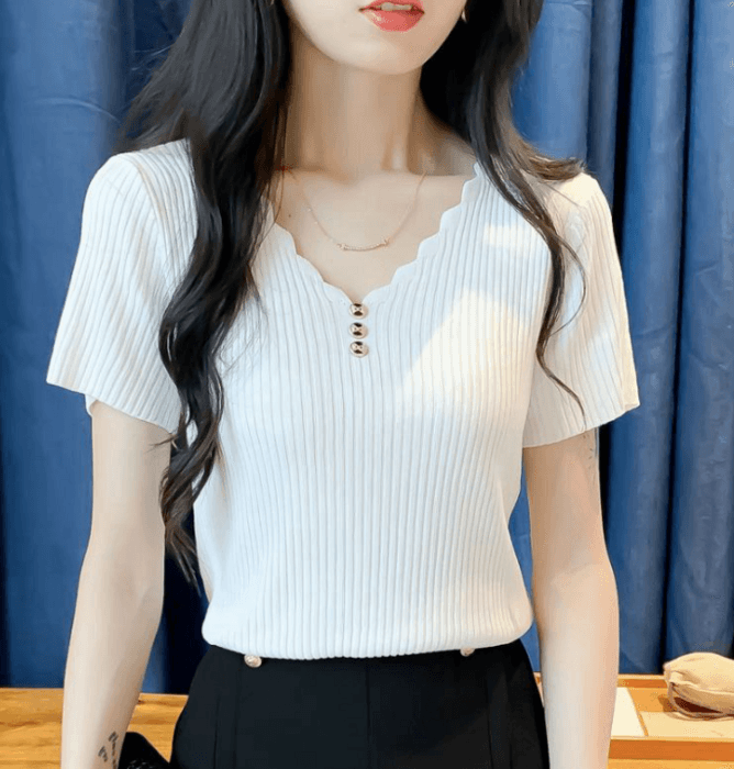 骨格ストレート半袖Vネックリブニットトップス