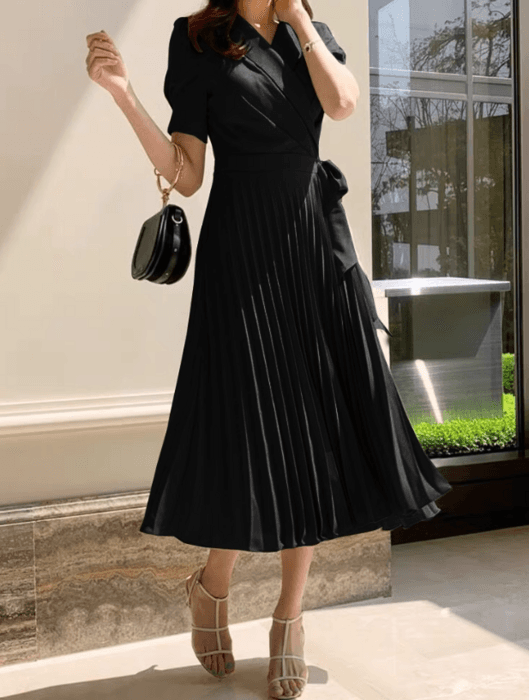 骨格ストレートカシュクールプリーツロングワンピース