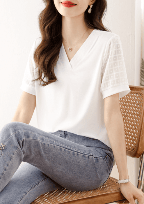 骨格ストレート切り替えシアーVネック半袖Tシャツ