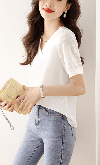 骨格ストレート切り替えシアーVネック半袖Tシャツ