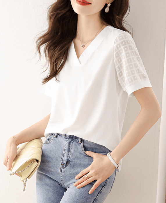 骨格ストレート切り替えシアーVネック半袖Tシャツ