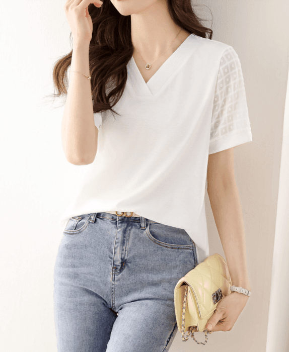 骨格ストレート切り替えシアーVネック半袖Tシャツ