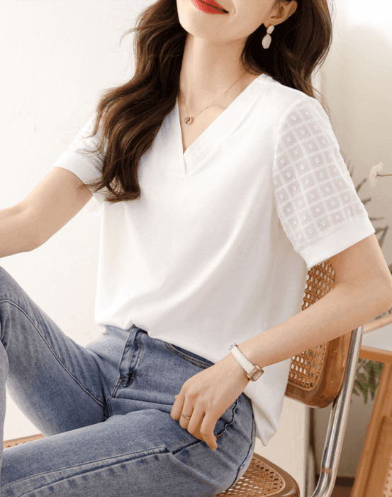 骨格ストレート切り替えシアーVネック半袖Tシャツ