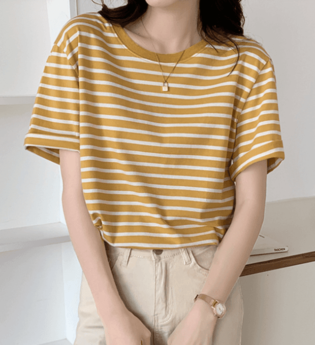 骨格ストレートラウンドネックボーダーTシャツ