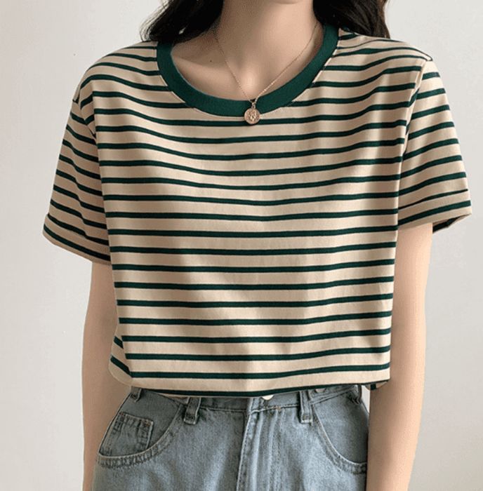 骨格ストレートラウンドネックボーダーTシャツ