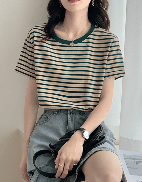 骨格ストレートラウンドネックボーダーTシャツ