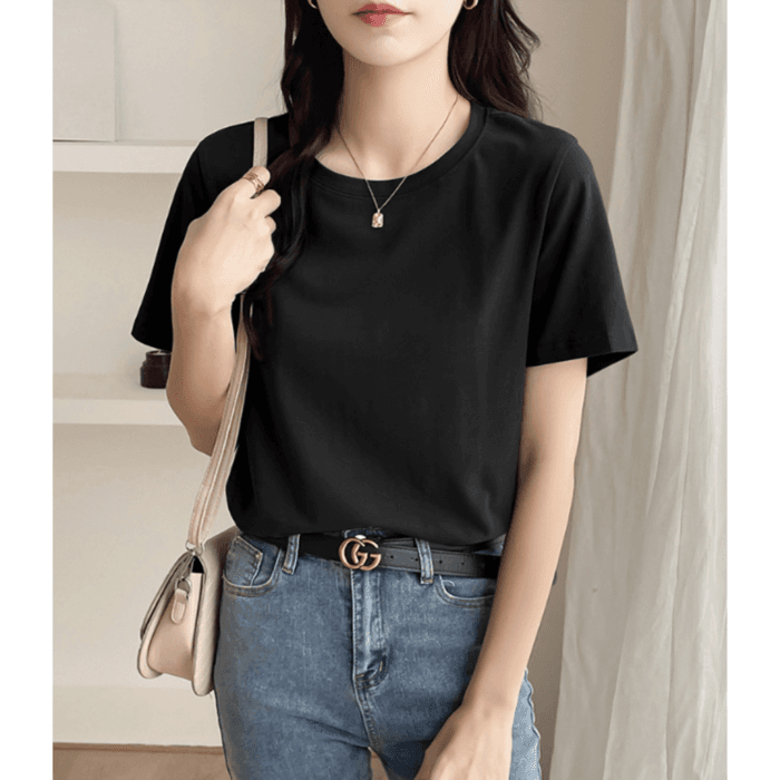 骨格ストレートラウンドネックシンプルTシャツ