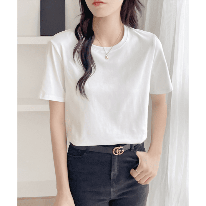 骨格ストレートラウンドネックシンプルTシャツ