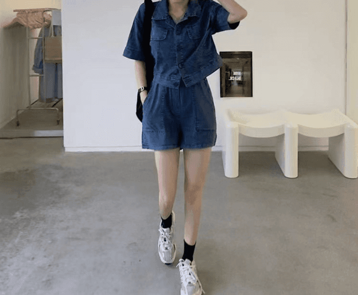 骨格ストレートデニムジャケット+パンツセットアップ