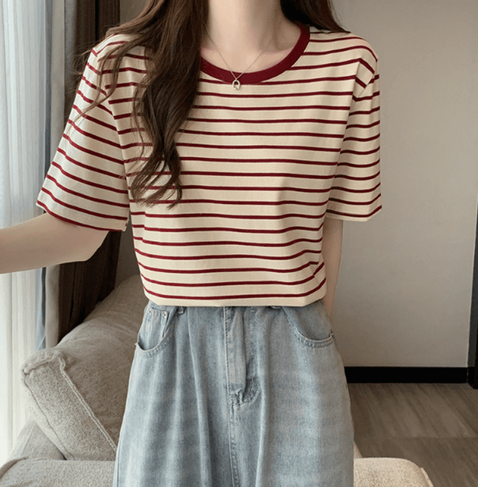 骨格ストレートラウンドネックボーダーTシャツ