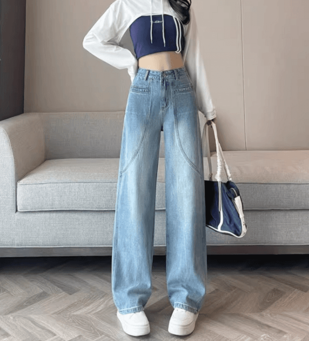 骨格ストレートステッチ切り替えデザインワイドデニム