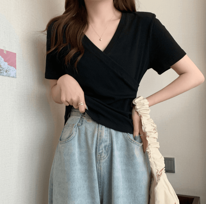 骨格ストレートラップ風デザイン半袖Tシャツ
