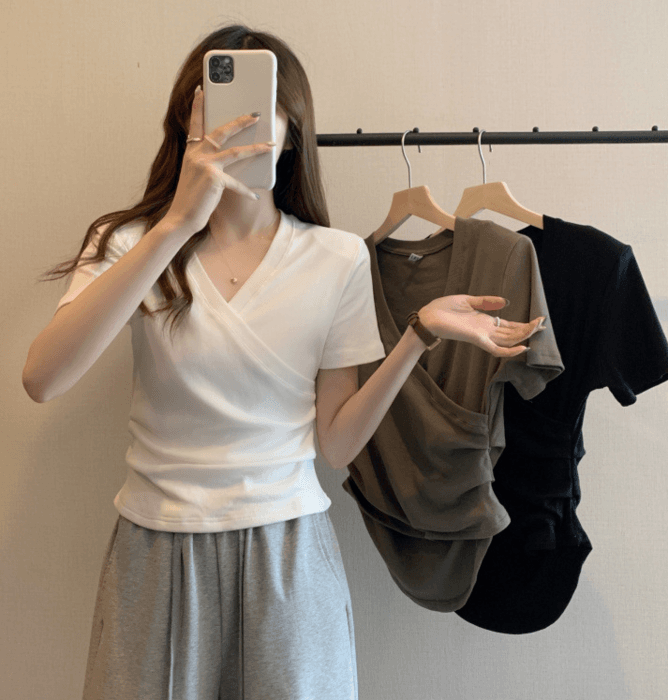 骨格ストレートラップ風デザイン半袖Tシャツ