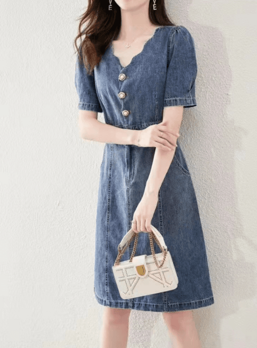 骨格ストレートスカラップネックデニムワンピース