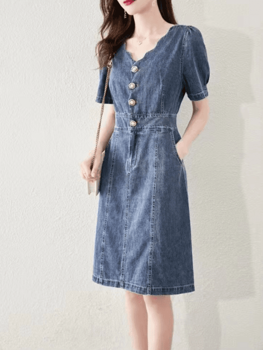 骨格ストレートスカラップネックデニムワンピース
