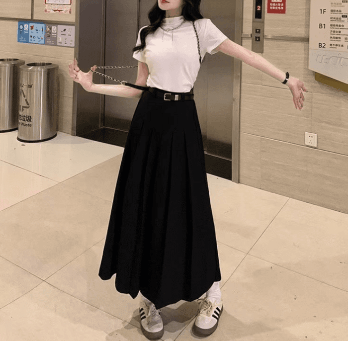骨格ストレートウエストすっきりAラインプリーツスカート