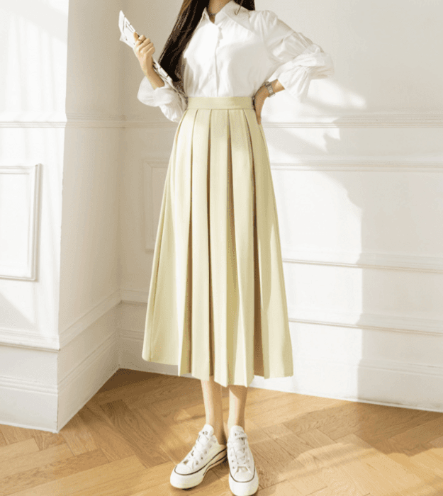 骨格ストレートカラータックプリーツフレアスカート