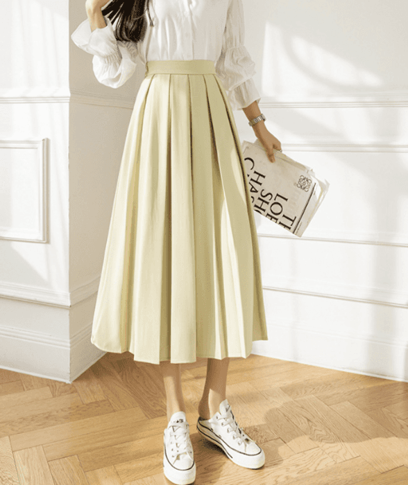 骨格ストレートカラータックプリーツフレアスカート