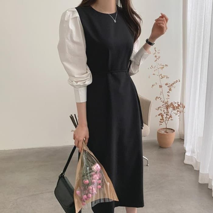 骨格ストレートパフスリーブウエストマークワンピース