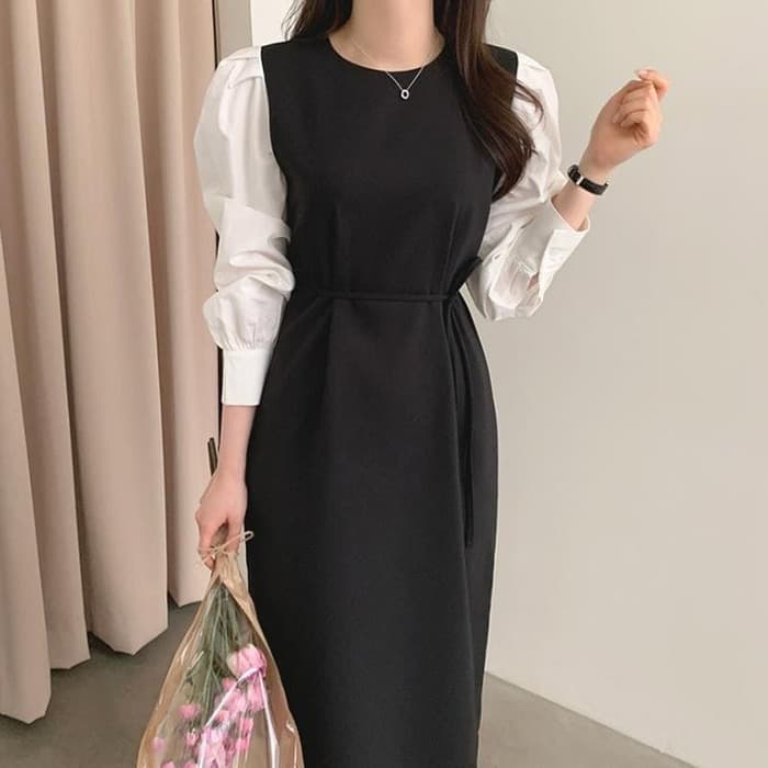 骨格ストレートパフスリーブウエストマークワンピース