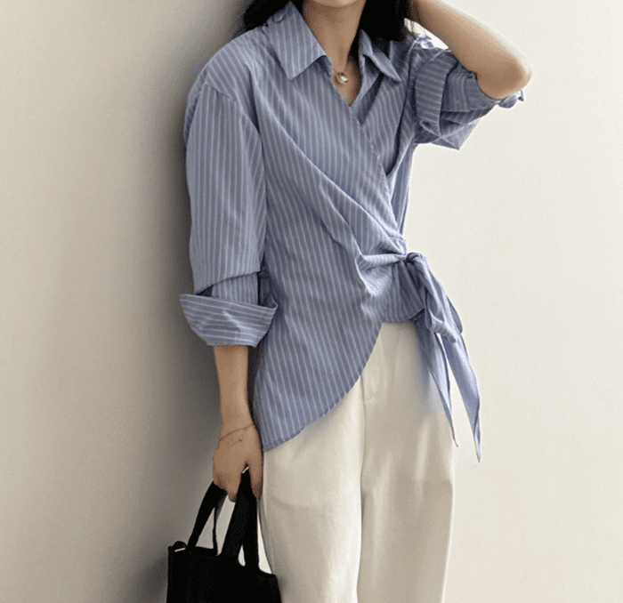 骨格ストレートカシュクールストライプシャツトップス