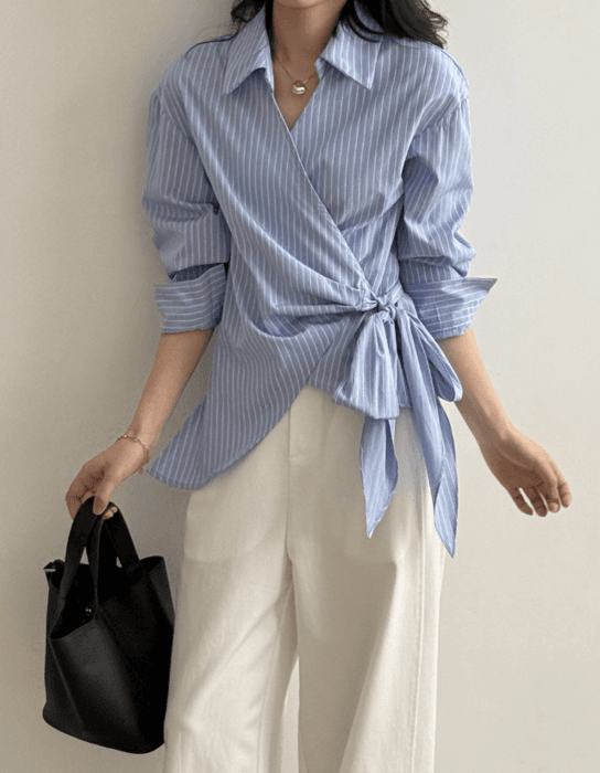 骨格ストレートカシュクールストライプシャツトップス