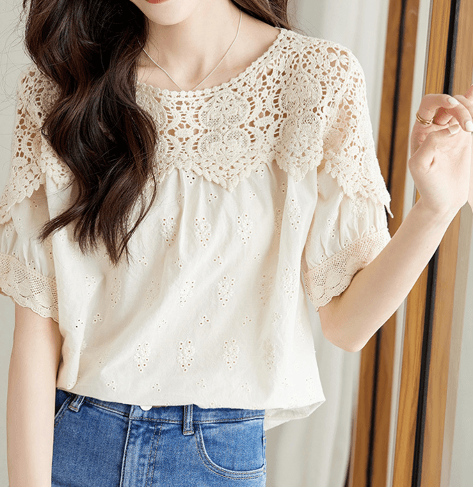 骨格ストレートコットンレース刺繍切り替えトップス