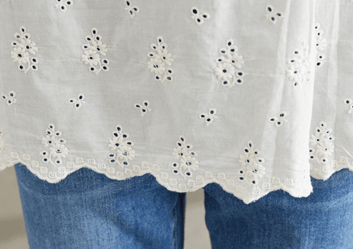 骨格ストレートコットンレース刺繍切り替えトップス