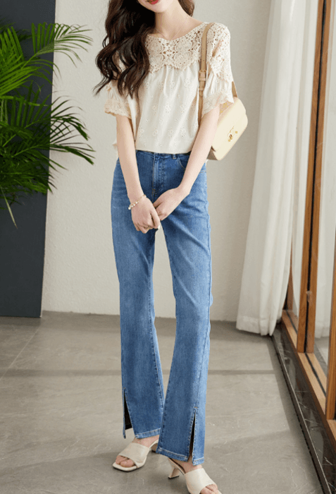 骨格ストレートコットンレース刺繍切り替えトップス