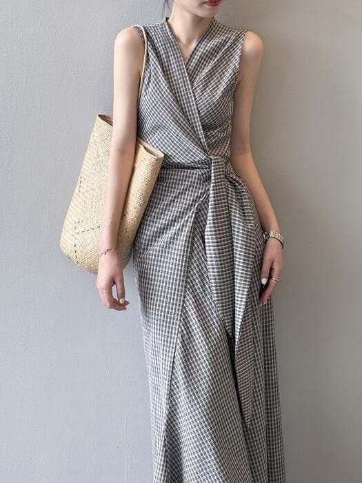骨格ストレートチェック柄カシュクールワンピース