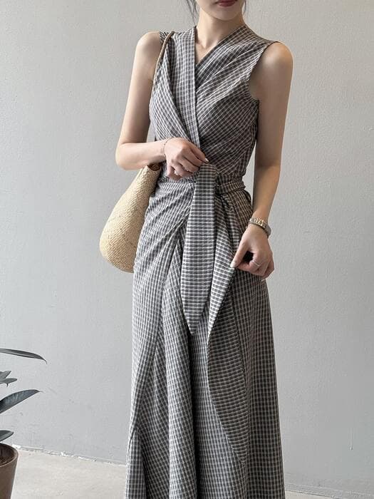 骨格ストレートチェック柄カシュクールワンピース