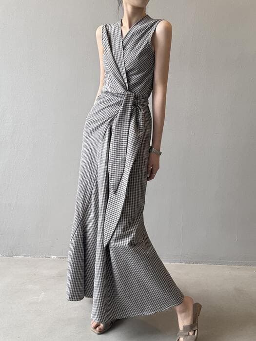 骨格ストレートチェック柄カシュクールワンピース