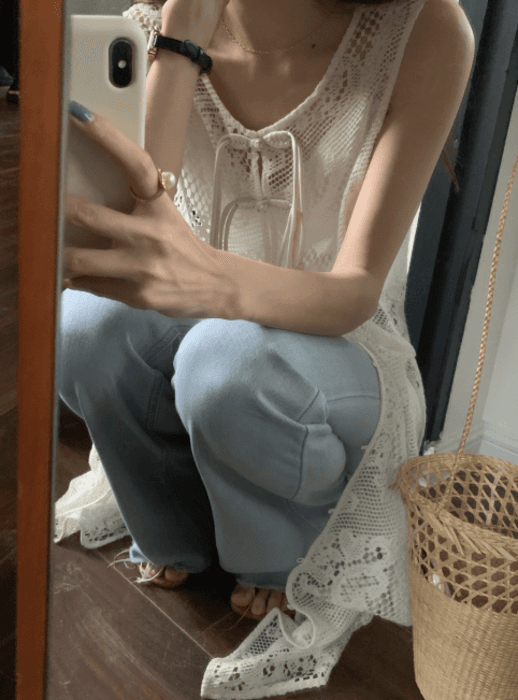 骨格ストレートレースアップクロシェロングジレ