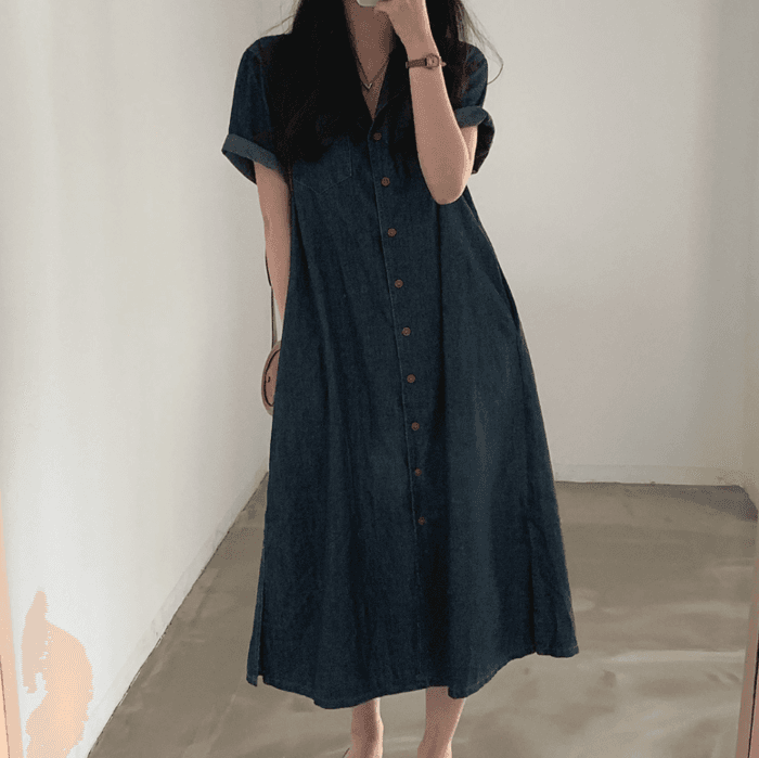 骨格ストレートベルト付きデニムワンピース
