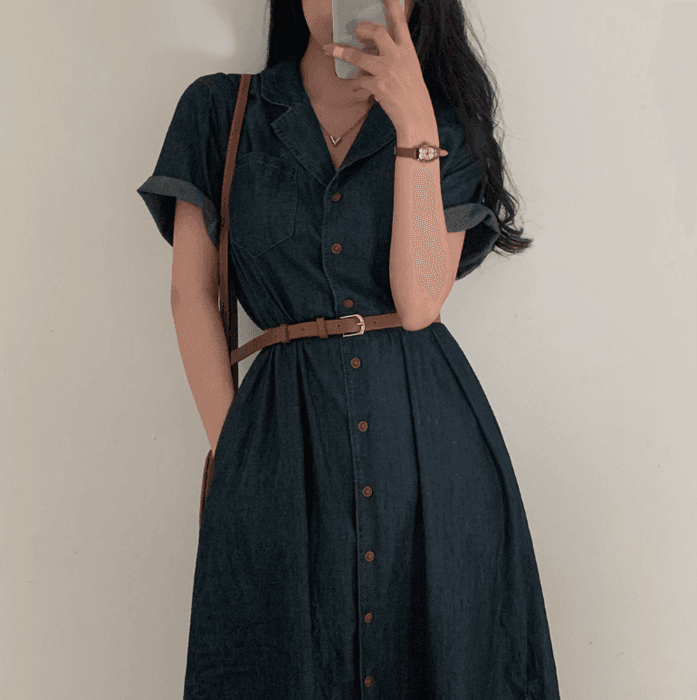 骨格ストレートベルト付きデニムワンピース