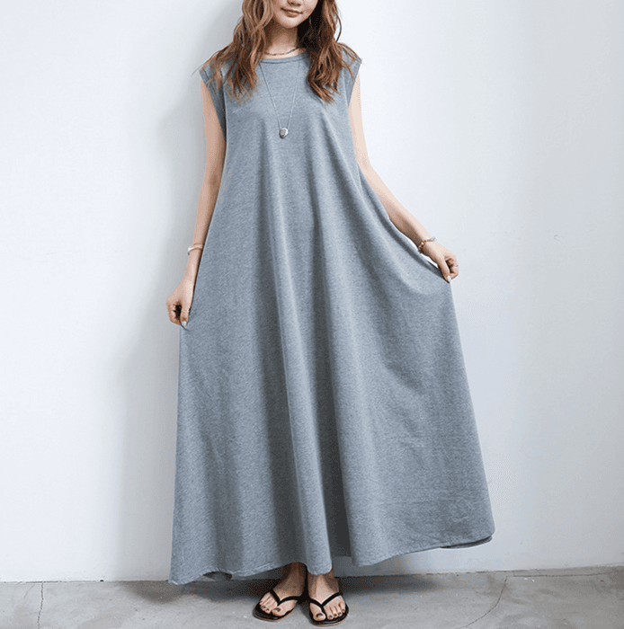 骨格ストレートAラインリラックスフレンチスリーブロングワンピース
