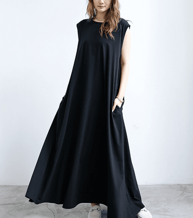 骨格ストレートAラインリラックスフレンチスリーブロングワンピース