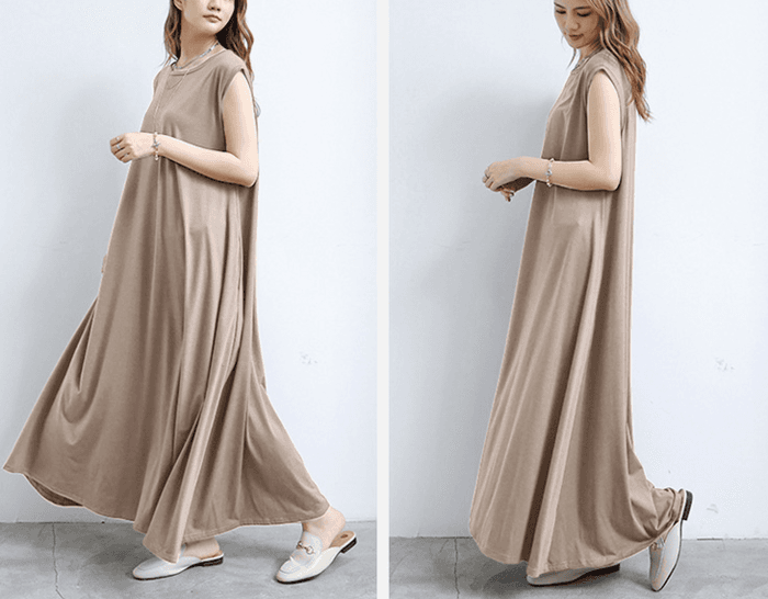 骨格ストレートAラインリラックスフレンチスリーブロングワンピース