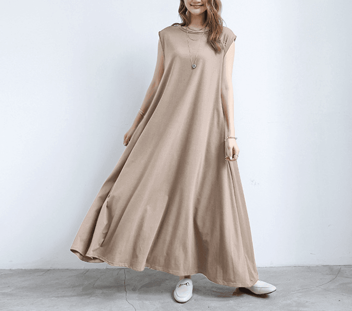 骨格ストレートAラインリラックスフレンチスリーブロングワンピース
