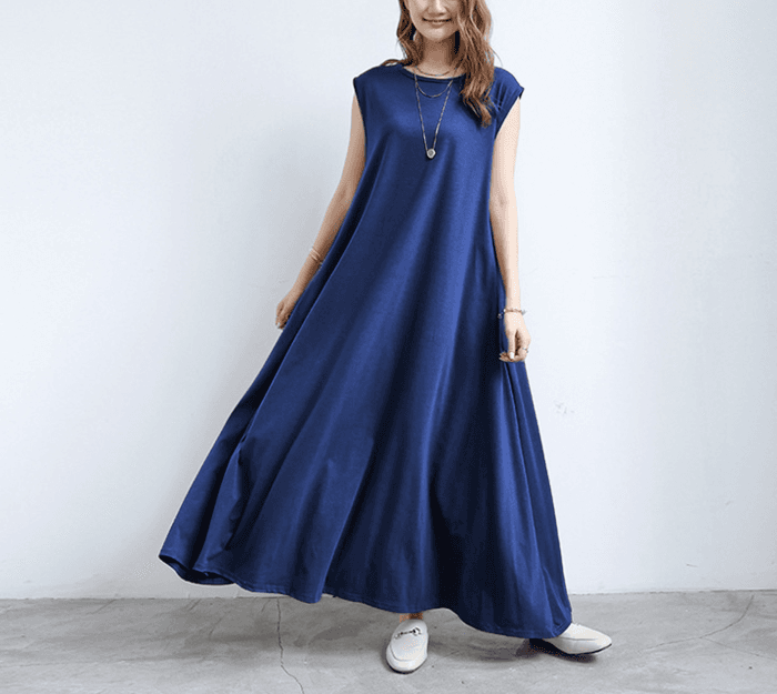 骨格ストレートAラインリラックスフレンチスリーブロングワンピース
