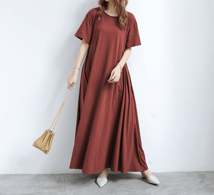 骨格ストレートAラインリラックス半袖スリーブロングワンピース