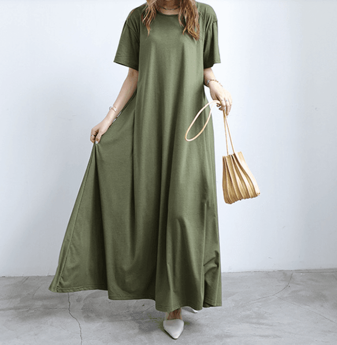 骨格ストレートAラインリラックス半袖スリーブロングワンピース