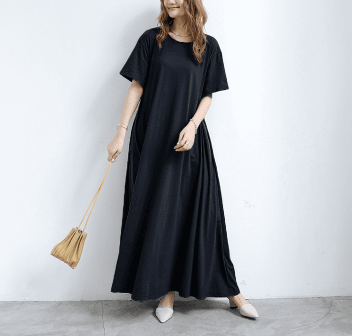 骨格ストレートAラインリラックス半袖スリーブロングワンピース