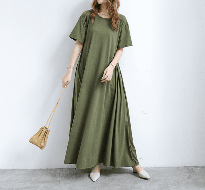 骨格ストレートAラインリラックス半袖スリーブロングワンピース