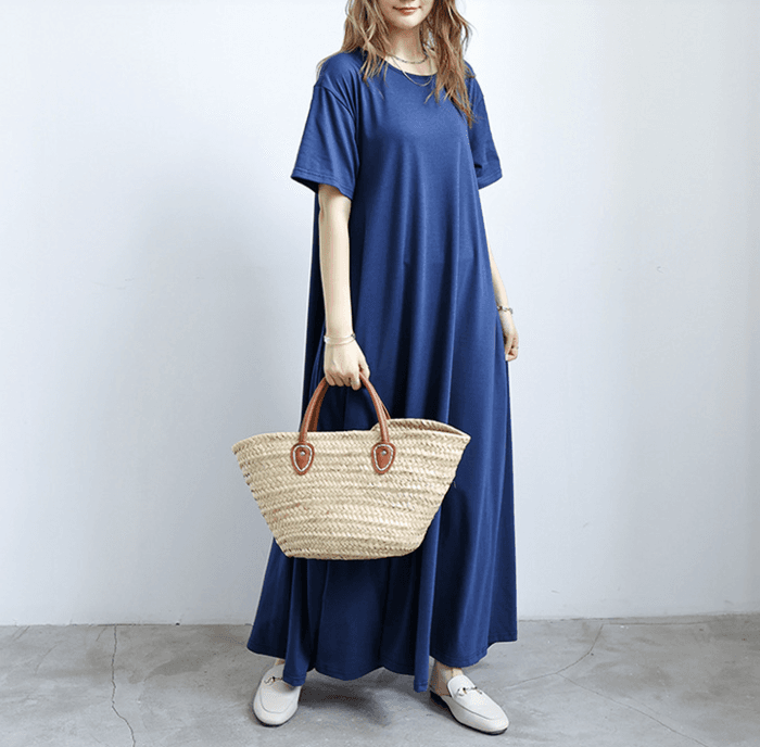 骨格ストレートAラインリラックス半袖スリーブロングワンピース