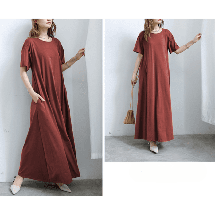 骨格ストレートAラインリラックス半袖スリーブロングワンピース