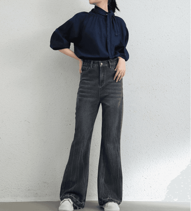 骨格ストレートワイドレッグデニムパンツ