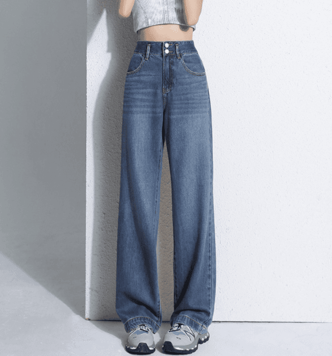 骨格ストレートWボタン美脚ワイドレックデニムパンツ