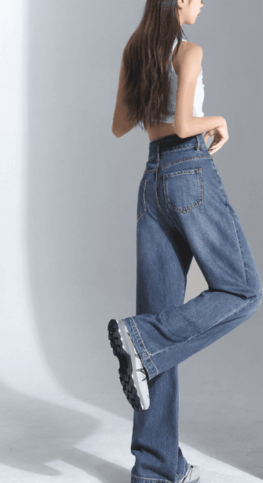 骨格ストレートWボタン美脚ワイドレックデニムパンツ